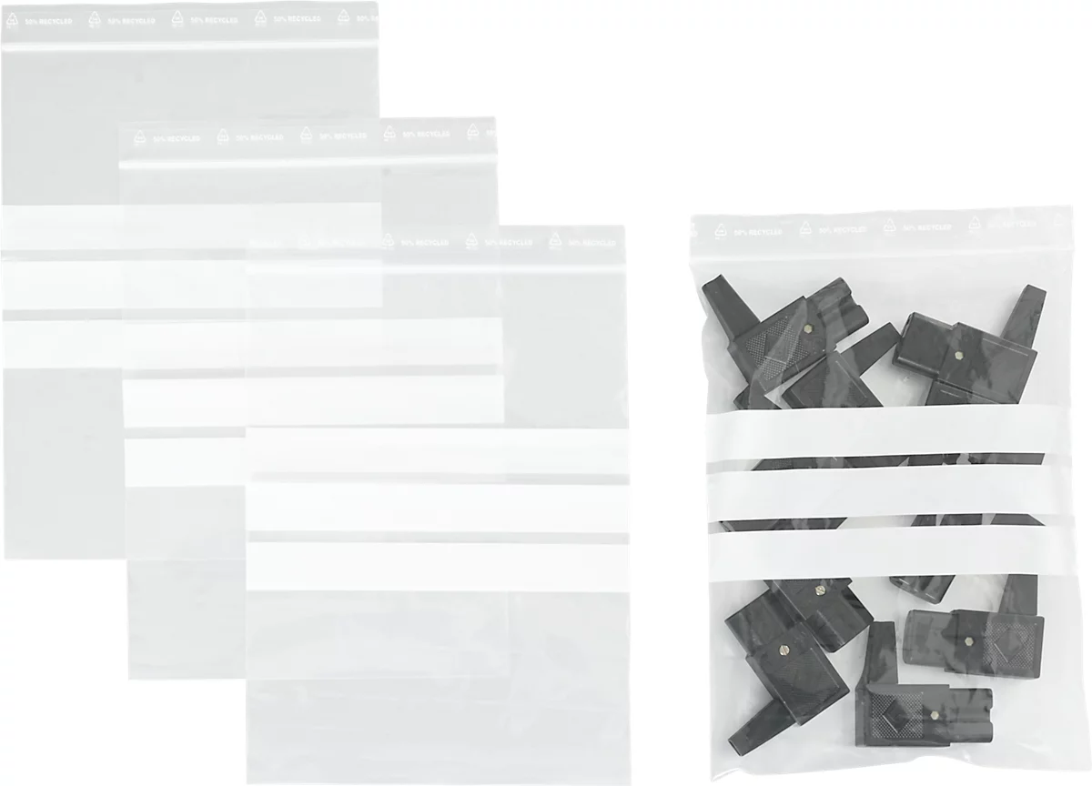 S&Z Druckverschlussbeutel, Polypropylen, 160 × 220 mm, 50 µm, 50% Regeneratanteil, 3 Beschriftungsfelder, transparent, 1000 Stk.