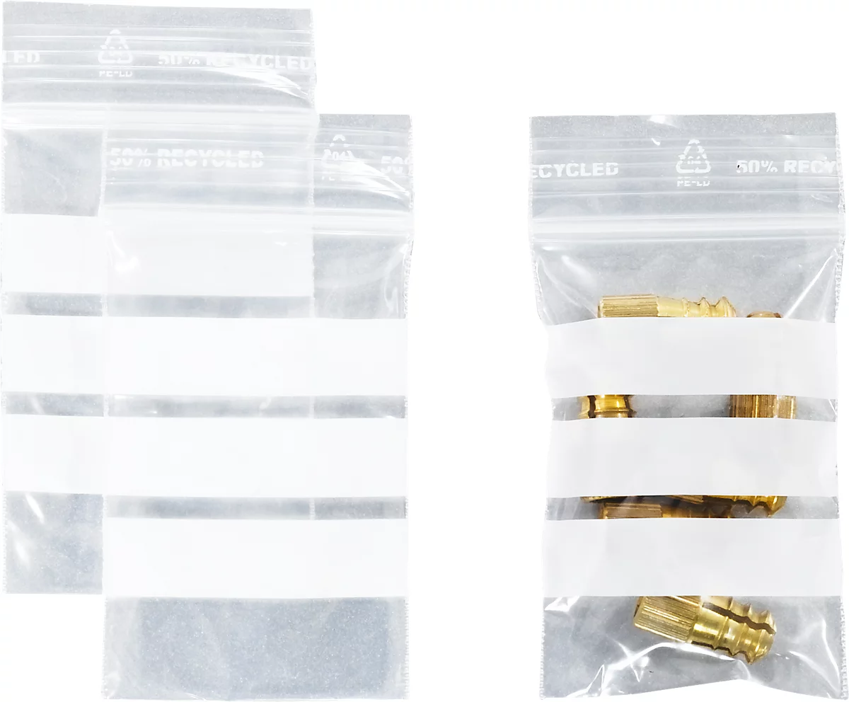 S&Z Druckverschlussbeutel, Polypropylen, 40 × 60 mm, 50 µm, 50% Regeneratanteil, 3 Beschriftungsfelder, transparent, 1000 Stk.