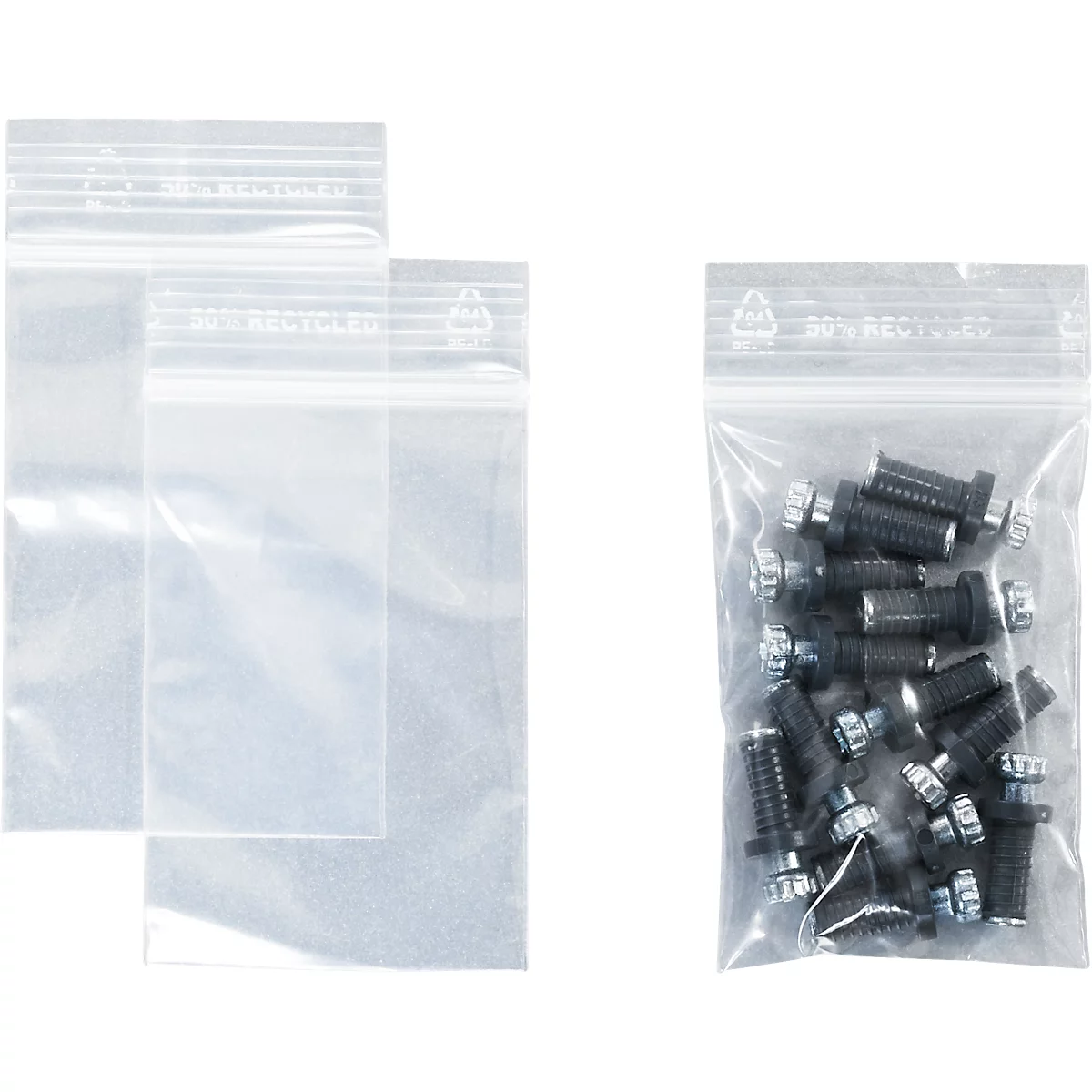 Drie transparante ziplock zakken, twee leeg, één gevuld met zwarte schroeven.