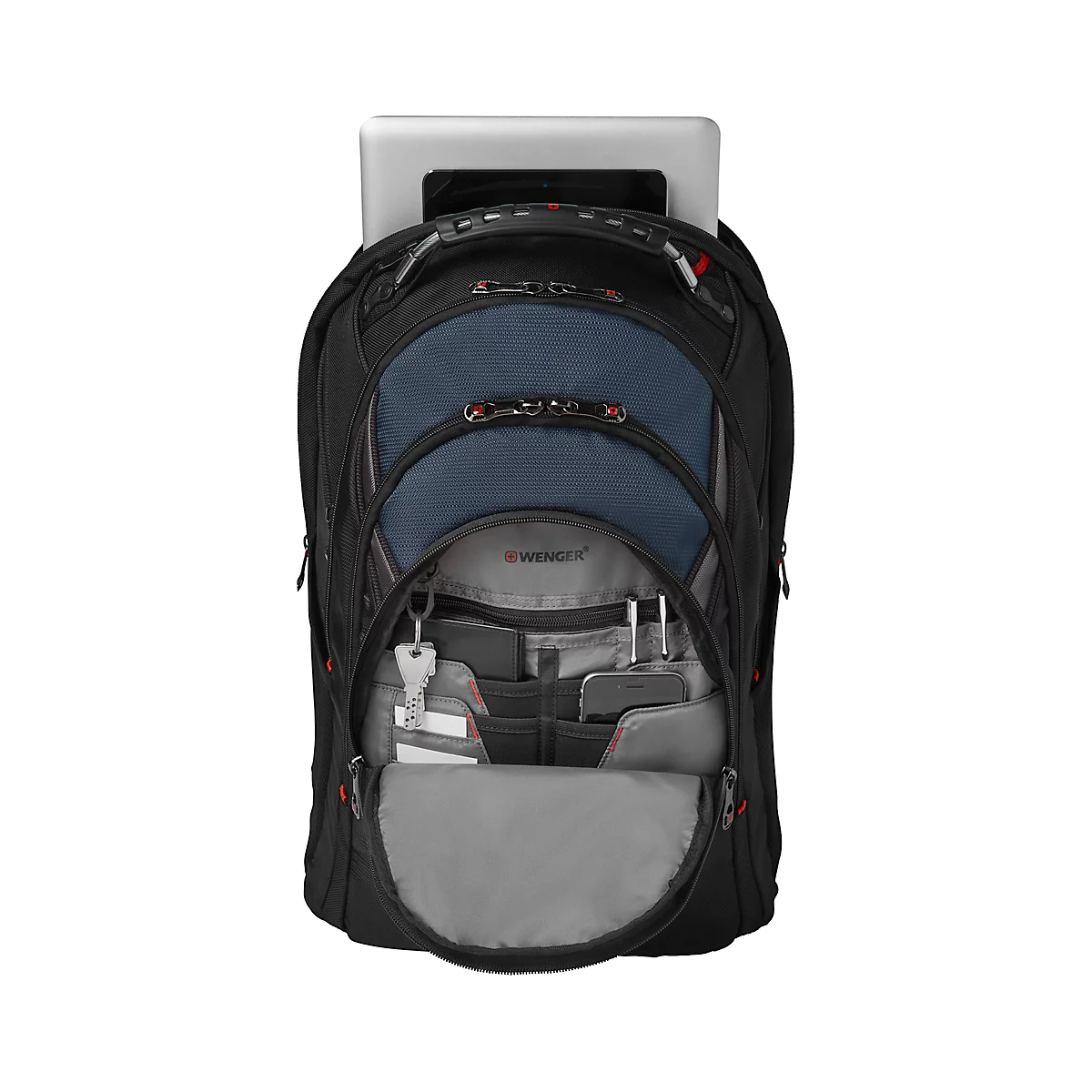 Sac à dos pour ordinateur portable Wenger Ibex, ordinateurs portables de 15.6'-17.3', compartiment pour ordinateur portable, poches latérales en filet, L 230 x l 340 x H 470 mm, 25 l, polyester, noir/bleu/gris