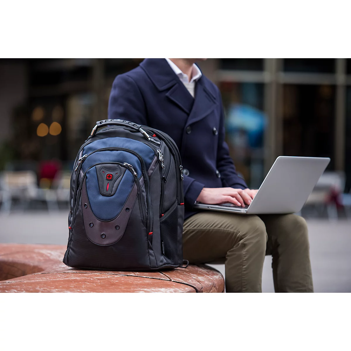Sac à dos pour ordinateur portable Wenger Ibex, ordinateurs portables de 15.6'-17.3', compartiment pour ordinateur portable, poches latérales en filet, L 230 x l 340 x H 470 mm, 25 l, polyester, noir/bleu/gris
