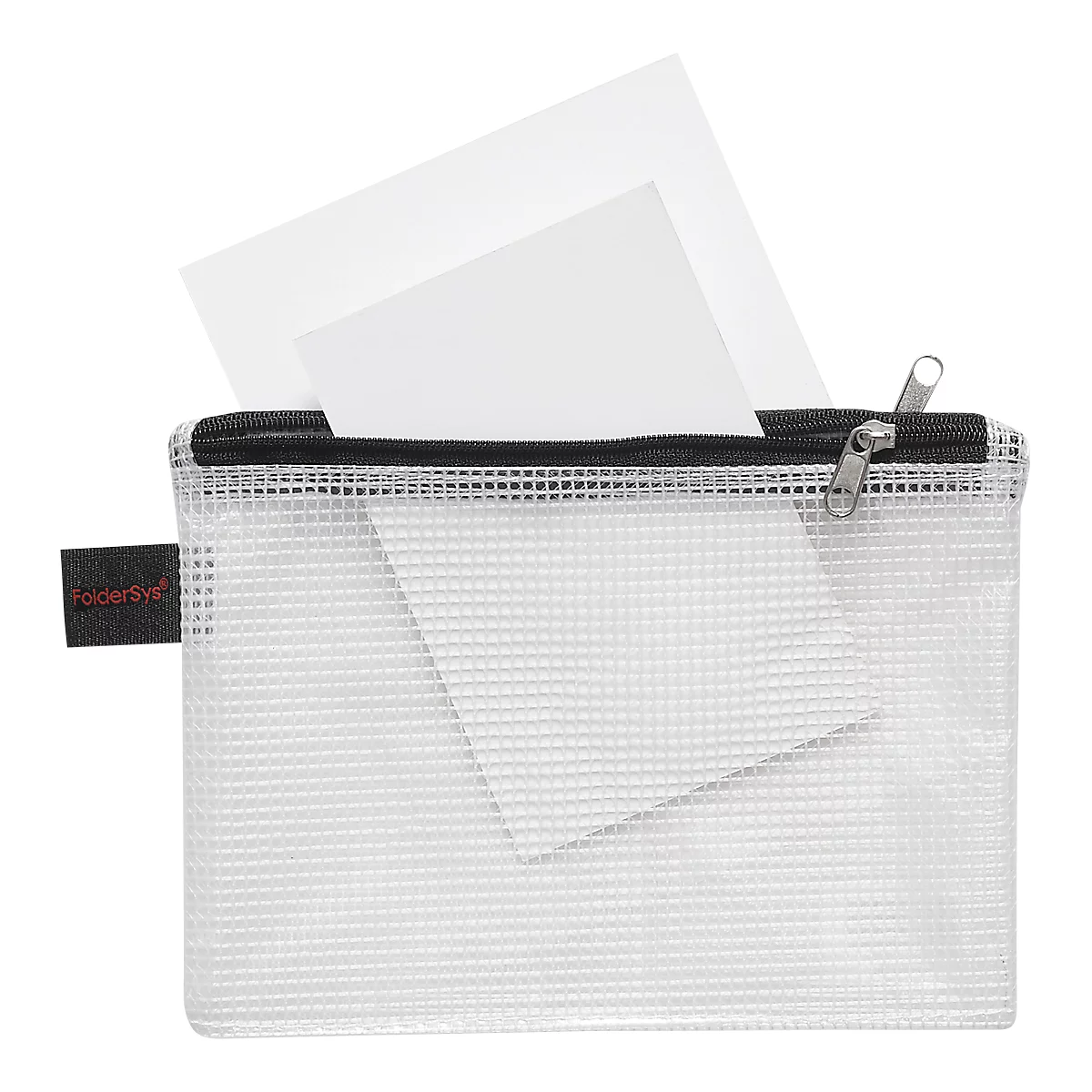 Sac à double chambre FolderSys, A6, 2 fermetures éclair, boucle pour doigt, PVC, noir-transparent, 10 pièces
