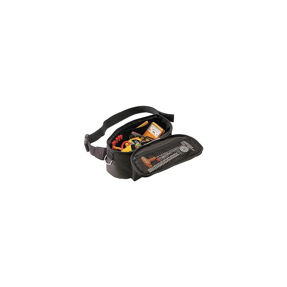Sac à outils noir avec de nombreux outils, compartiment zippé et appareil de mesure. Fixé à la ceinture.