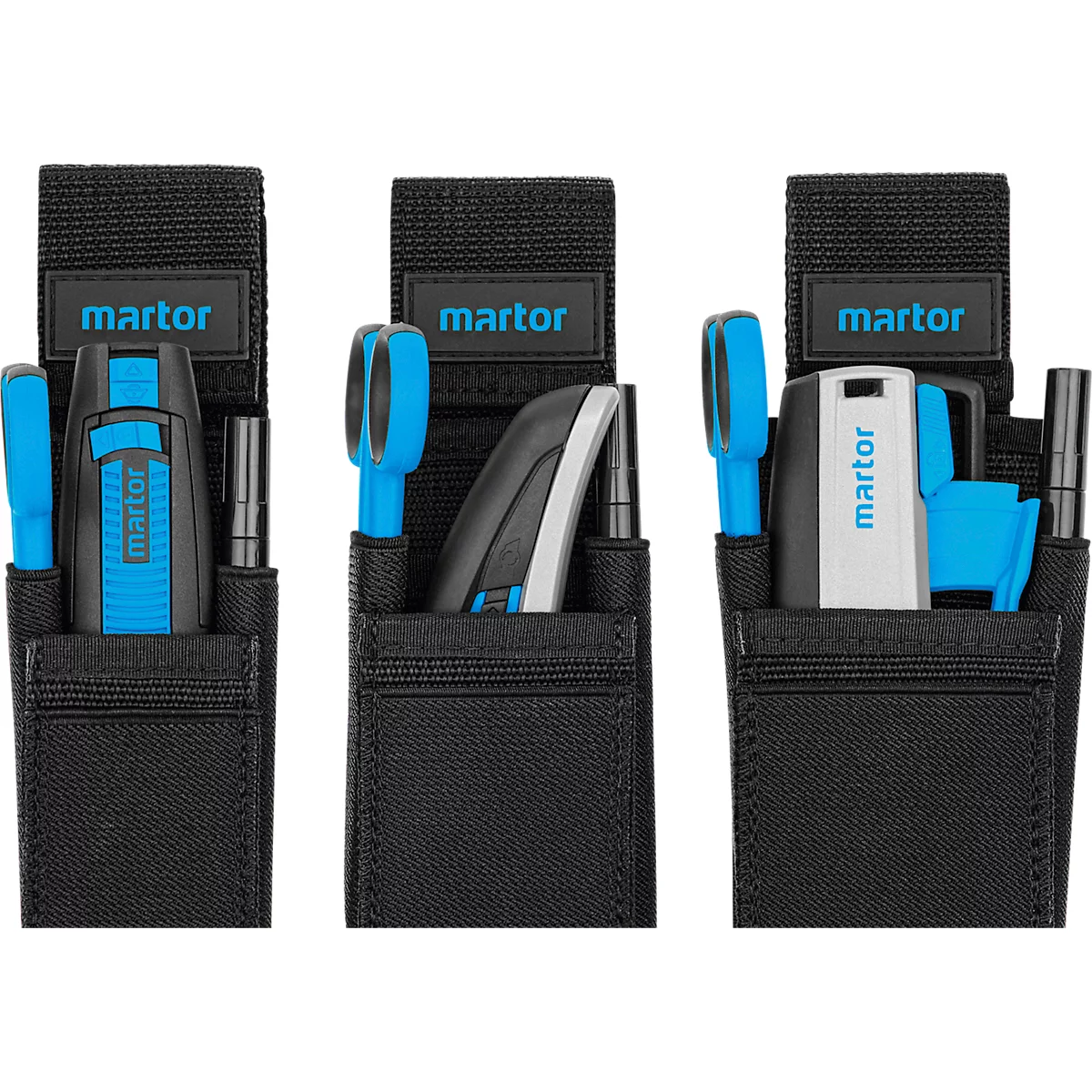 Trois sacs à outils noirs avec des outils. Le nom "martor" est imprimé en haut de chaque sac.