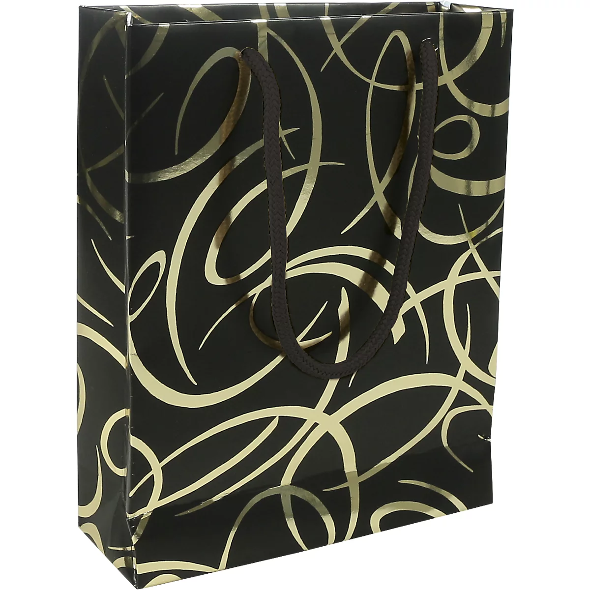Sac cadeau CLAIREFONTAINE Premium Max &amp; Moi Arabesk, taille M, rubans de transport en satin, étiquette d'inscription, résistant à la déchirure, revêtement PP, noir/or, 5 pcs.
