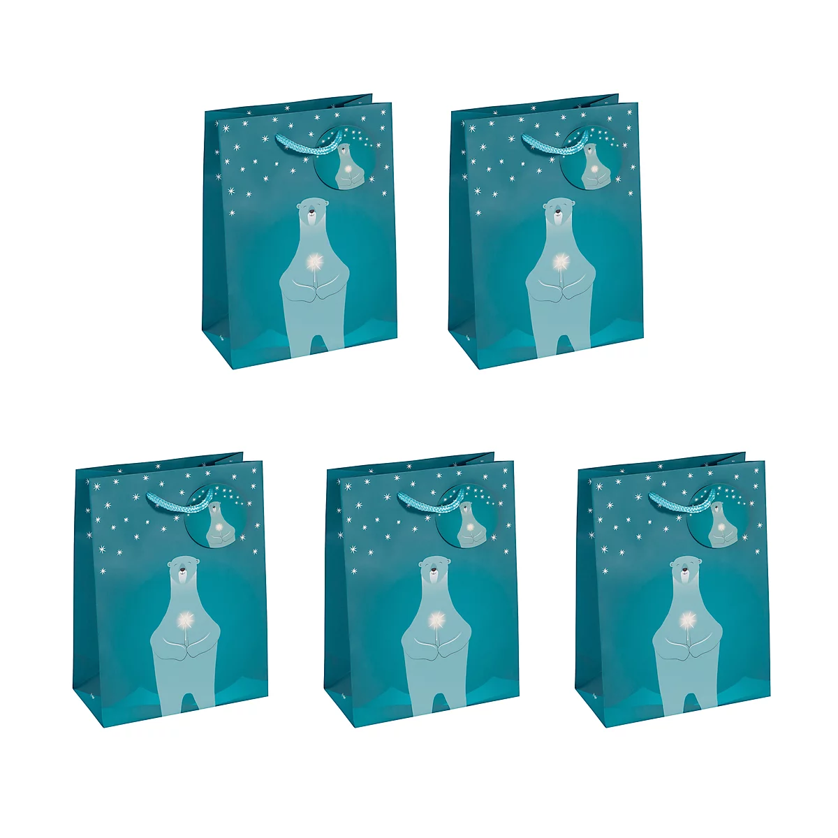 Sac cadeau Noël Sigel 'Polar Bear', 5 pièces, L 170 x H 230 mm, papier, pétrole