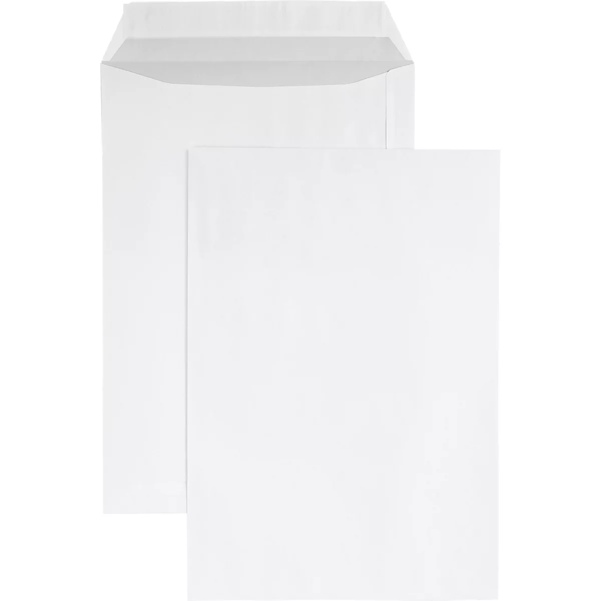 Deux enveloppes en papier blanc au format A4, l'une ouverte et l'autre fermée, sur un fond neutre.