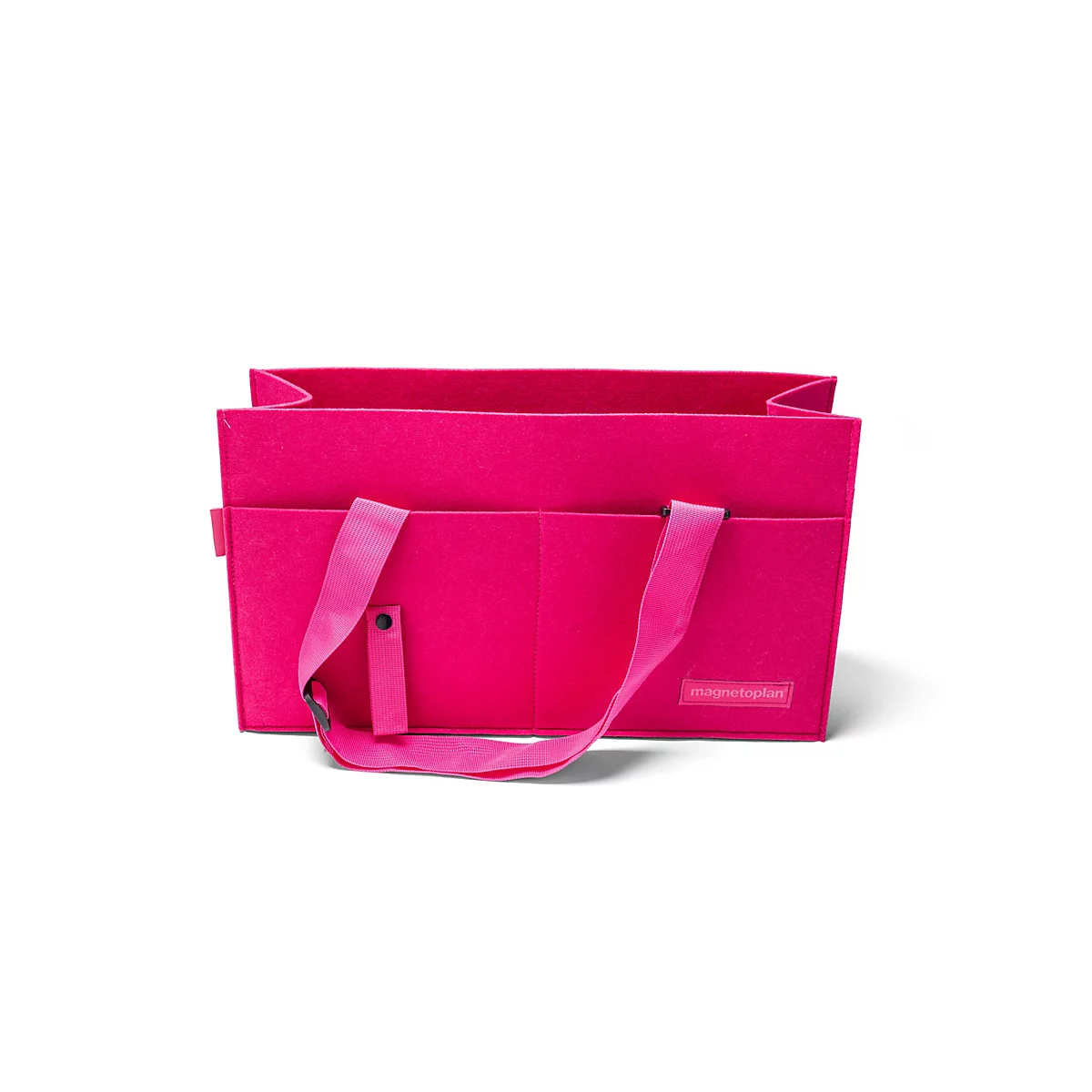 Sac de rangement rectangulaire en feutre rose vif avec poignées de transport et poches extérieures.