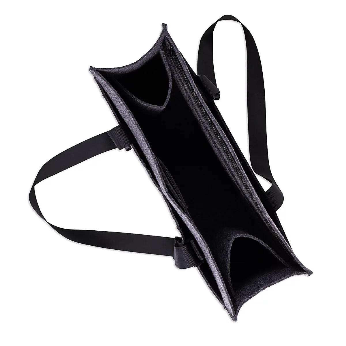 Vue de dessus dans un sac en feutre gris anthracite vide avec des sangles noires.