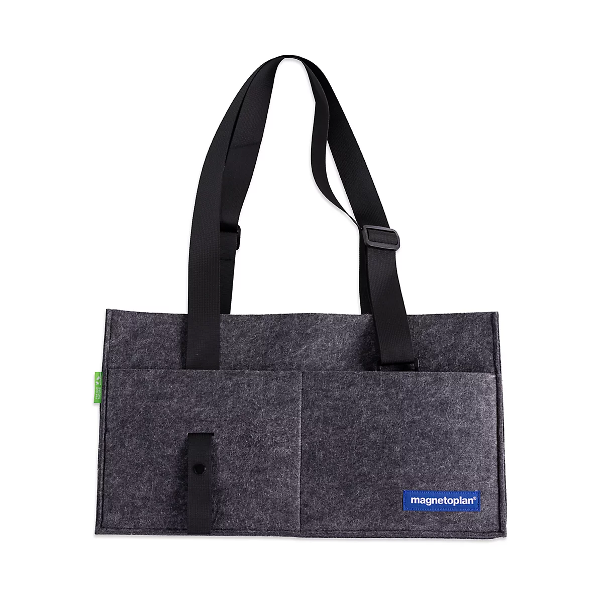 Sac en feutre gris avec sangles noires et étiquette logo magnetoplan bleue sur fond blanc.