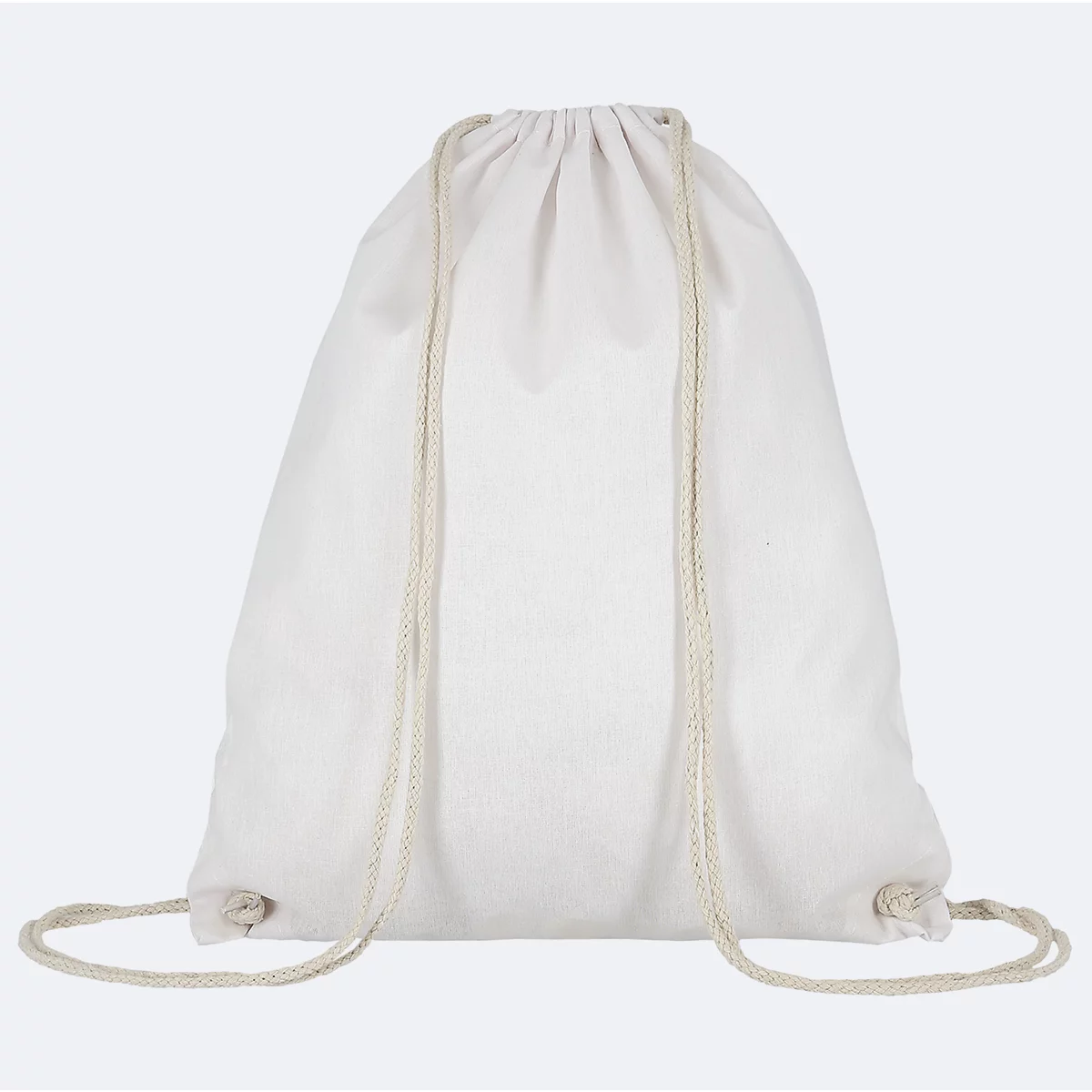 Sac en tissu clair avec cordon de serrage. Le sac est présenté sur un fond clair.
