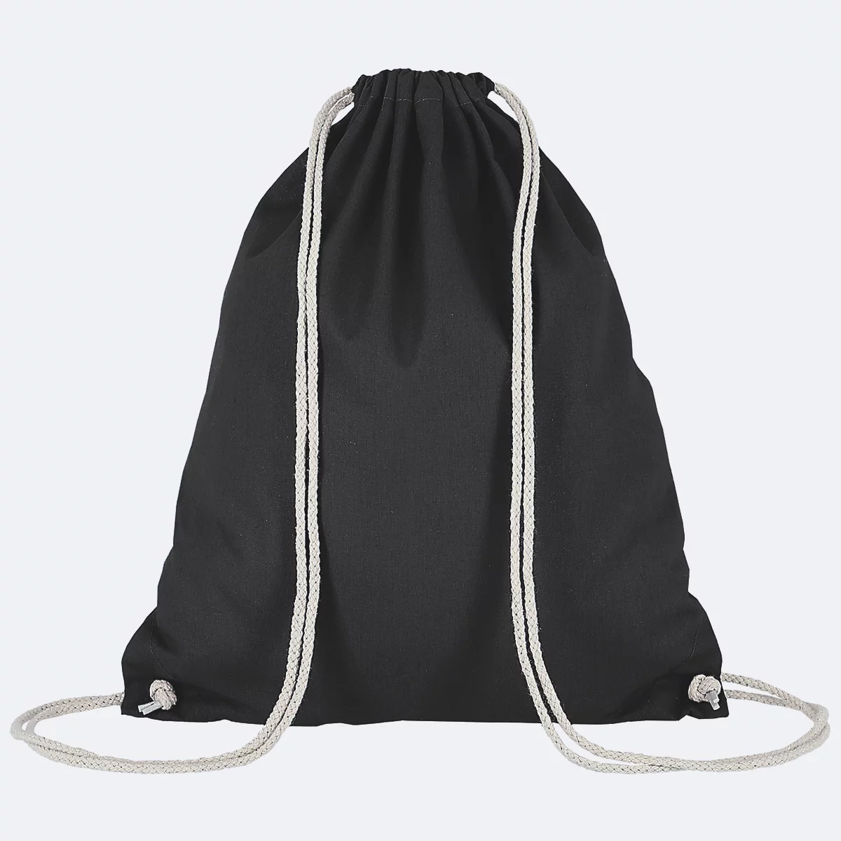 Sac de sport noir avec cordons blancs.