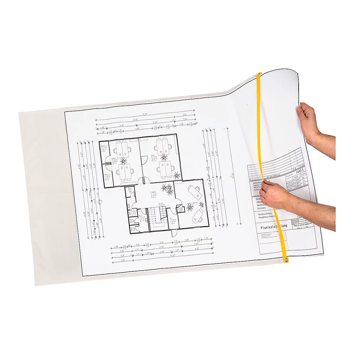 Une personne tient un plan architectural roulé avec un cordon jaune. Le dessin montre un plan d'étage avec des meubles.