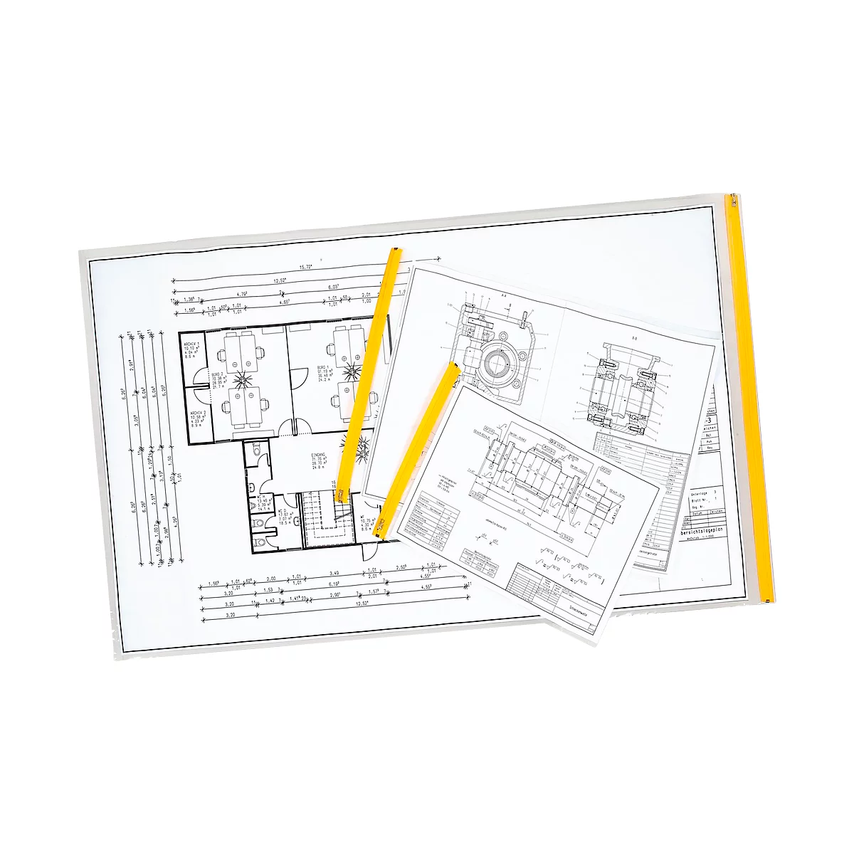 Dessins et crayons jaunes sur fond blanc. Représentations de plans d'étage de bâtiments et de dessins techniques.