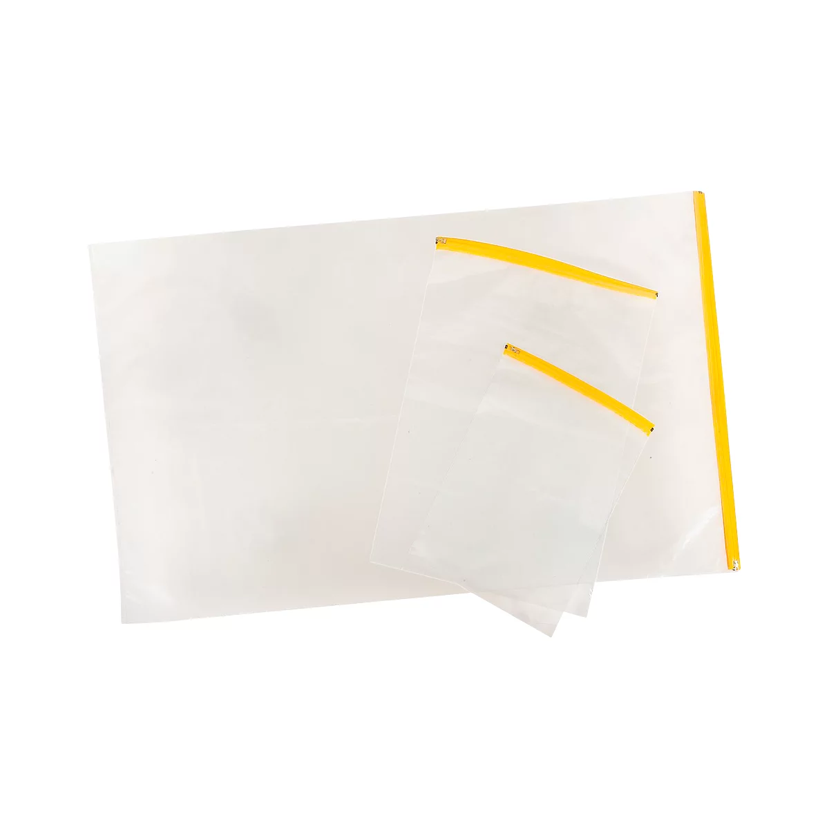 Pochettes en plastique transparent de différentes tailles avec fermetures jaunes.