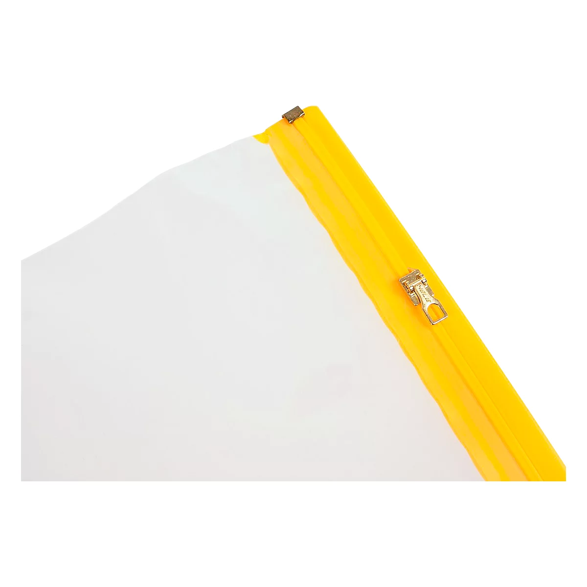 Gros plan d'un sac transparent avec fermeture éclair jaune.