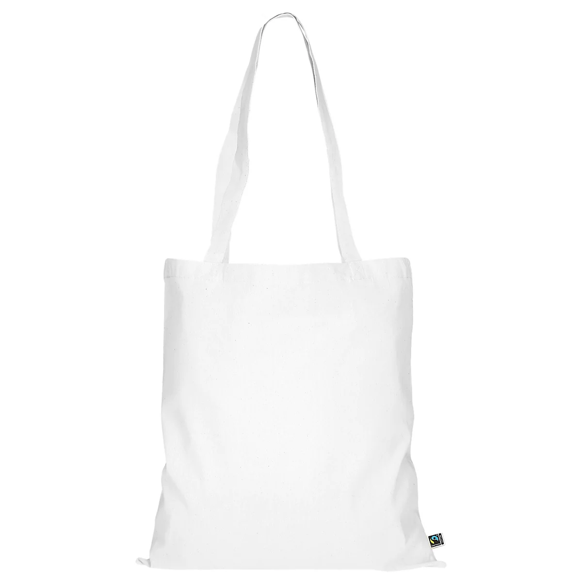 Sac fourre-tout blanc avec deux poignées. Le sac est vide et porte une petite étiquette verte.
