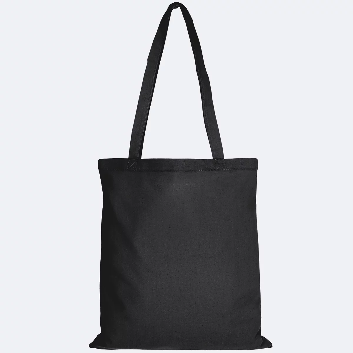 Sac fourre-tout noir, prise de vue de dessus. Les deux poignées sont réunies en haut.