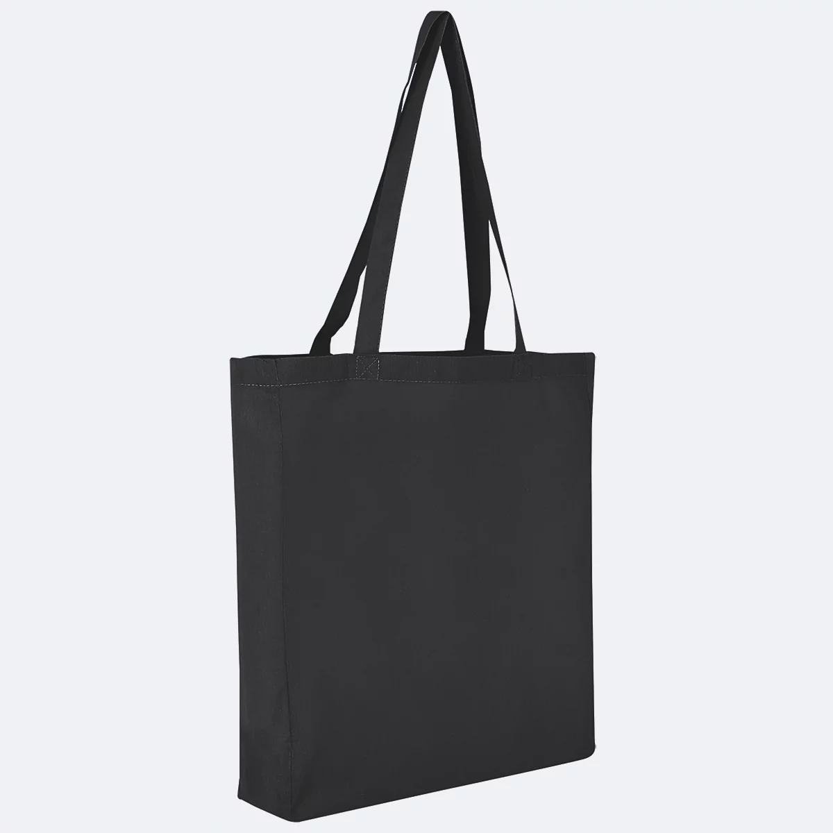 Sac fourre-tout noir, vue de côté, avec de longues poignées sur fond clair.