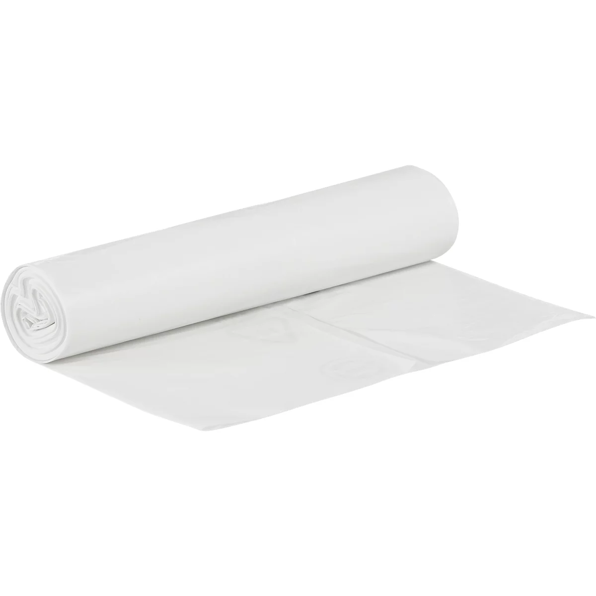 Un sac poubelle en plastique blanc enroulé, partiellement déroulé.