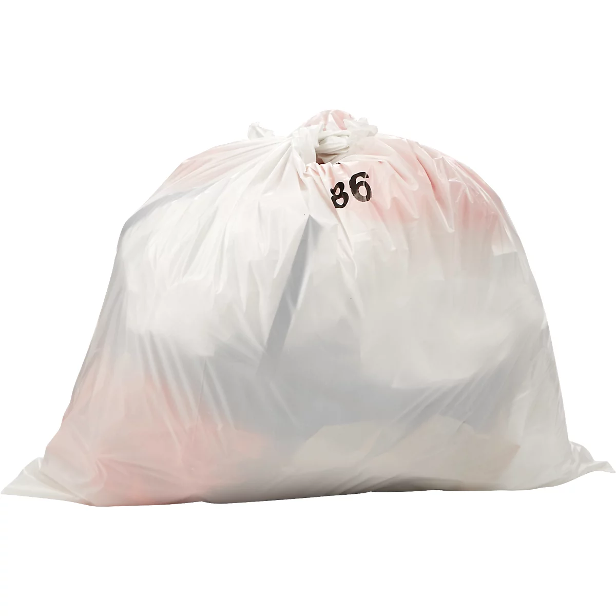 Sac poubelle blanc, noué en haut. 86 noir imprimé.