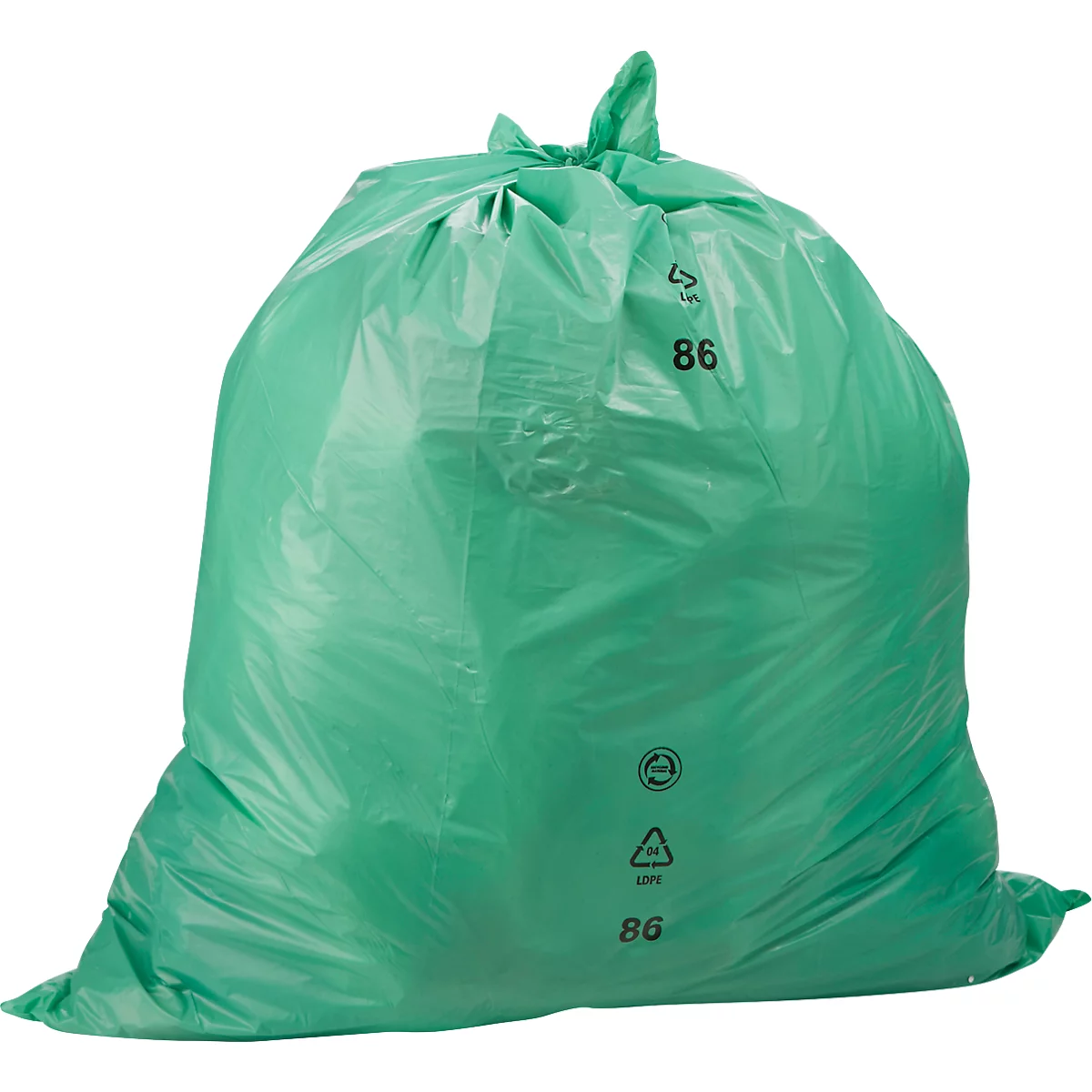 Sac poubelle vert, noué en haut. Inscription '86'.