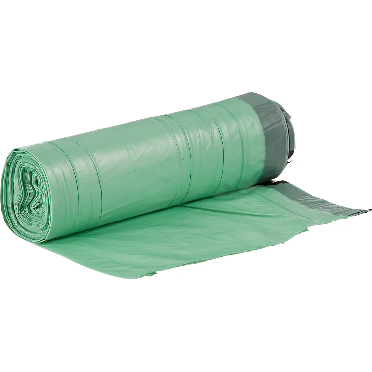 Sacs poubelles verts, roulés, sur fond blanc. Fermeture vert foncé.