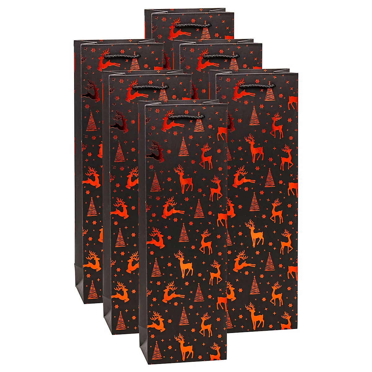 Plusieurs sacs cadeaux noirs avec des motifs de rennes et de sapins rouges. Poignées noires.