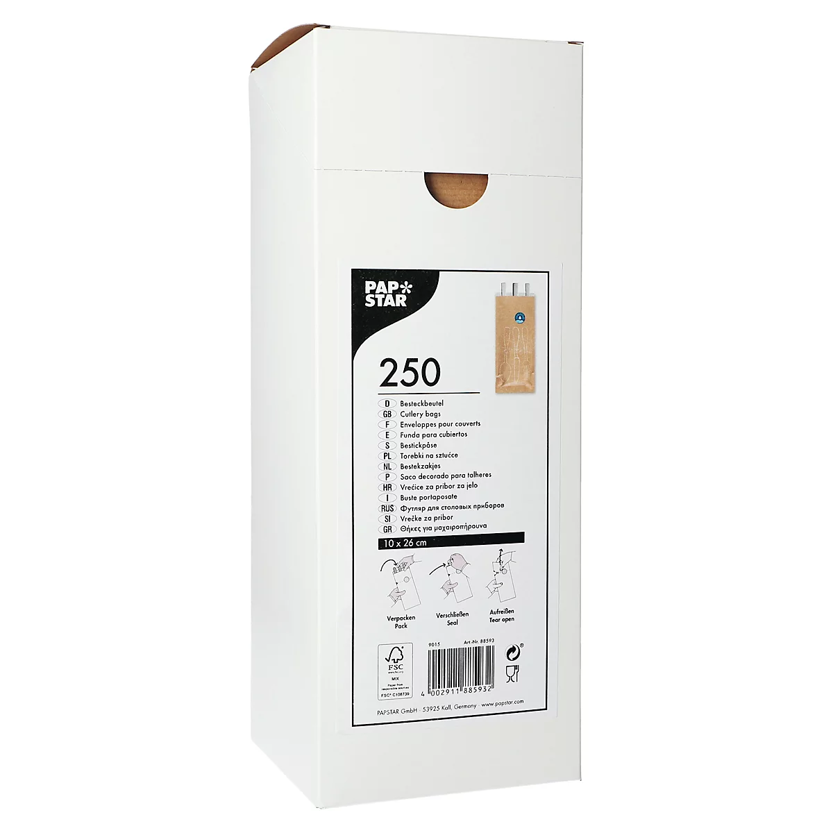 Sachets à couverts Papstar, 250 pièces, avec fermeture auto-adhésive, perforation à ouverture par déchirement, L 100 x H 260 mm, papier, naturel