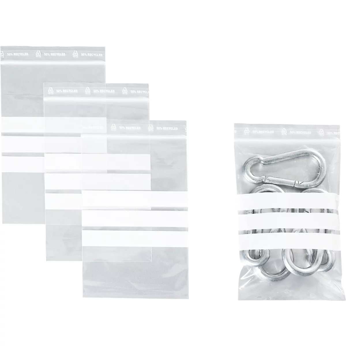 Sachets à fermeture à pression - polypropylène - 50% de matières régénérées - 100 × 150 mm - 50 µm - transparent - avec 3 zones inscriptibles - 1000 pièces par paquet