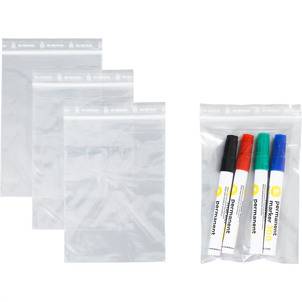 Sachets à fermeture à pression - polypropylène - 50% de matières régénérées - 120 × 170 mm - 50 µm - transparent - sans zone inscriptible - 1000 pièces par paquet