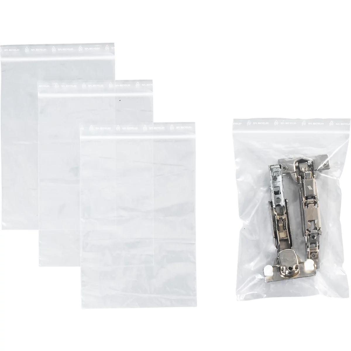 Sachets à fermeture à pression - polypropylène - 50% de matières régénérées - 150 × 220 mm - 50 µm - transparent - sans zone inscriptible - 1000 pièces par paquet