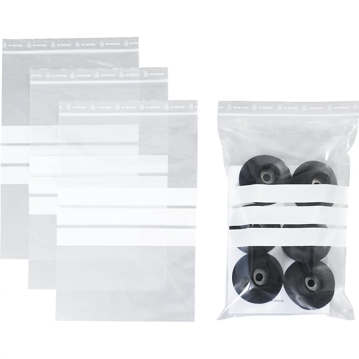 Sachets à fermeture à pression - polypropylène - 50% de matières régénérées - 200 × 300 mm - 50 µm - transparent - avec 3 zones inscriptibles - 1000 pièces par paquet