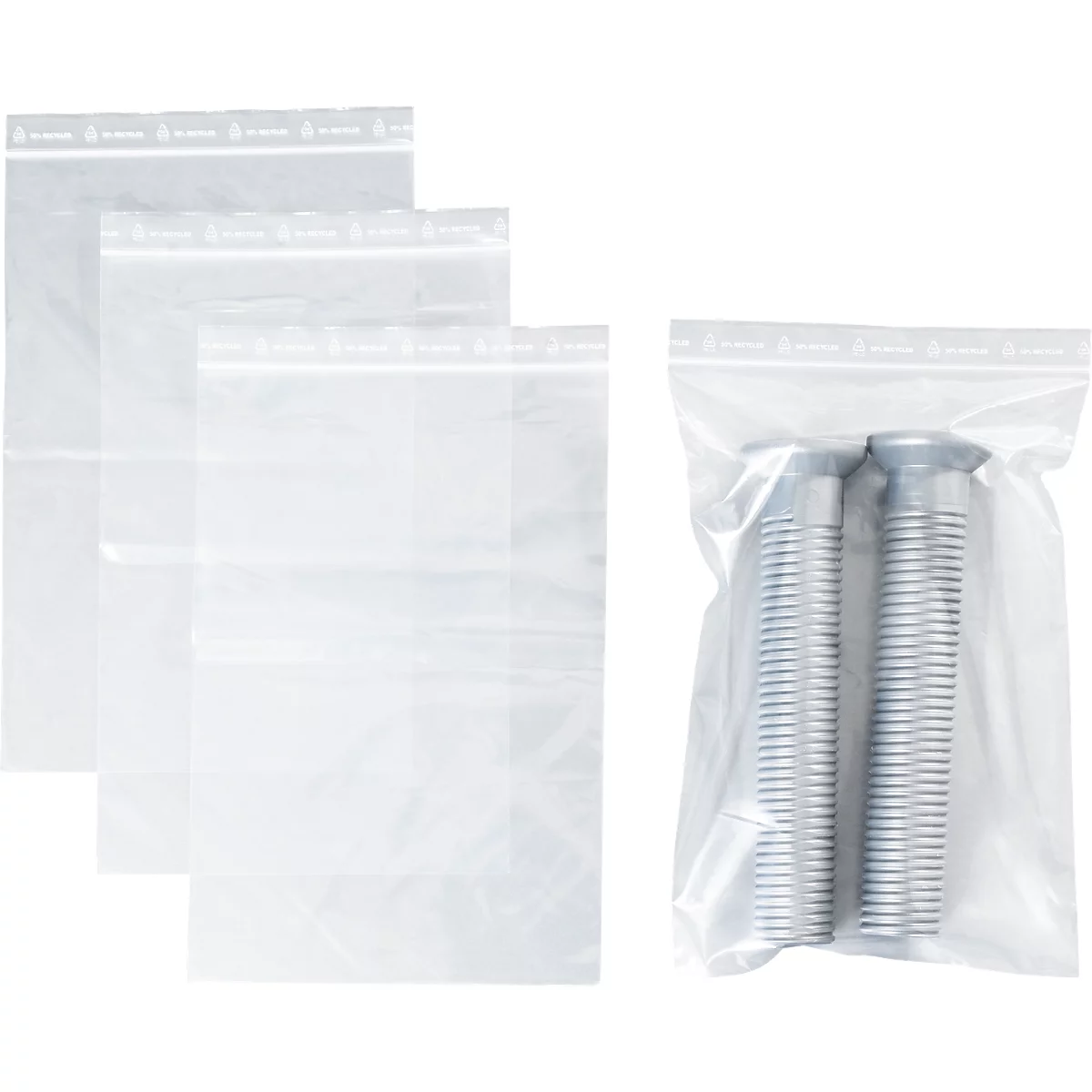 Sachets à fermeture à pression - polypropylène - 50% de matières régénérées - 200 × 300 mm - 50 µm - transparent - sans zone inscriptible - 1000 pièces par paquet