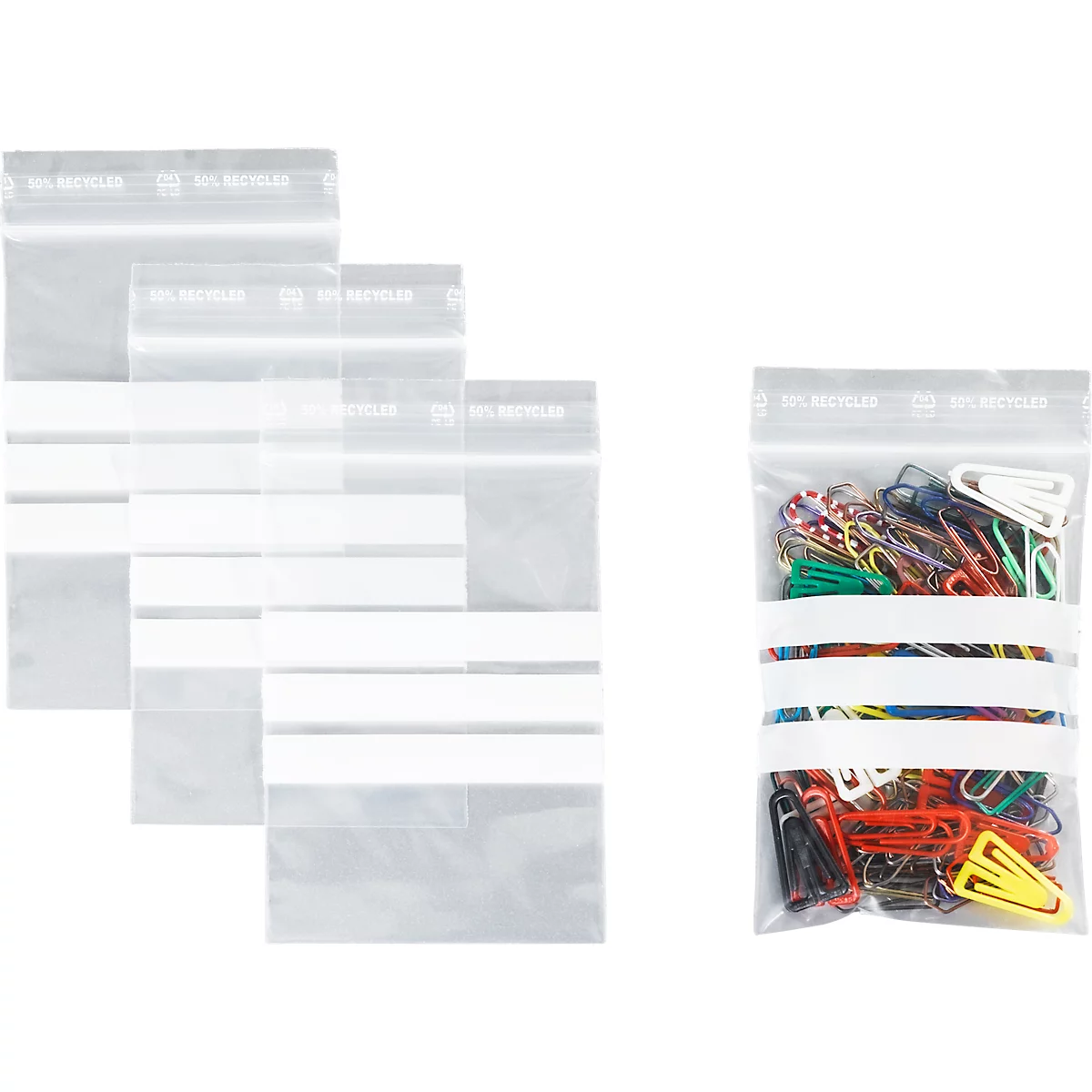 Sachets à fermeture à pression - polypropylène - 50% de matières régénérées - 70 × 100 mm - 50 µm - transparent - avec 3 zones inscriptibles - 1000 pièces par paquet