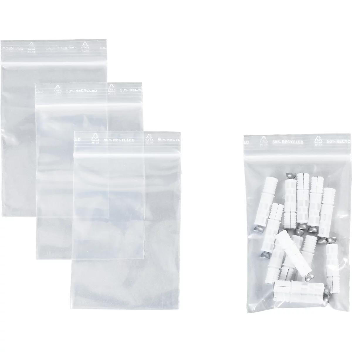 Sachets à fermeture à pression - polypropylène - 50% de matières régénérées - 70 × 100 mm - 50 µm - transparent - sans zone inscriptible - 1000 pièces par paquet