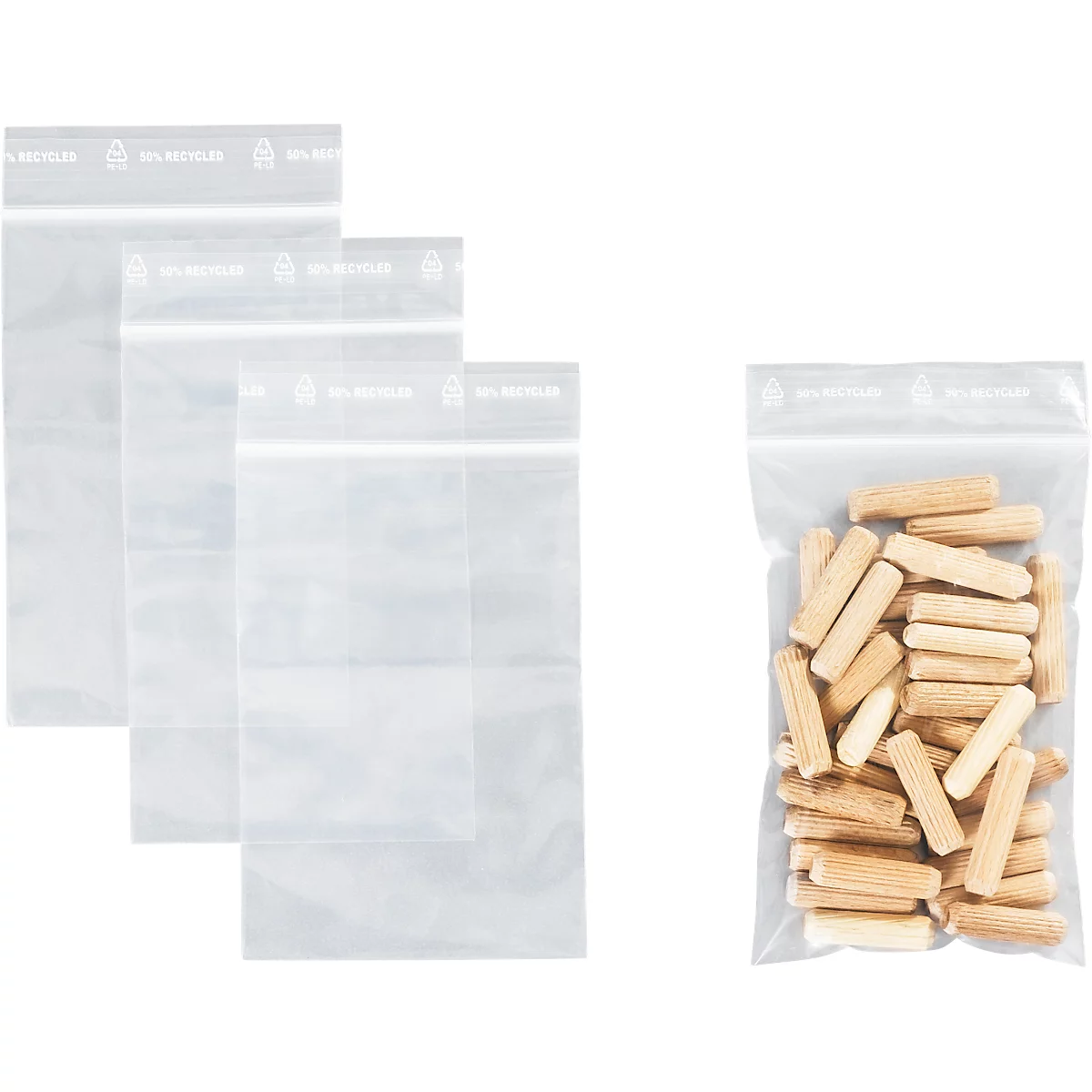 Sachets à fermeture à pression - polypropylène - 50% de matières régénérées - 80 × 120 mm - 50 µm - transparent - sans zone inscriptible - 1000 pièces par paquet