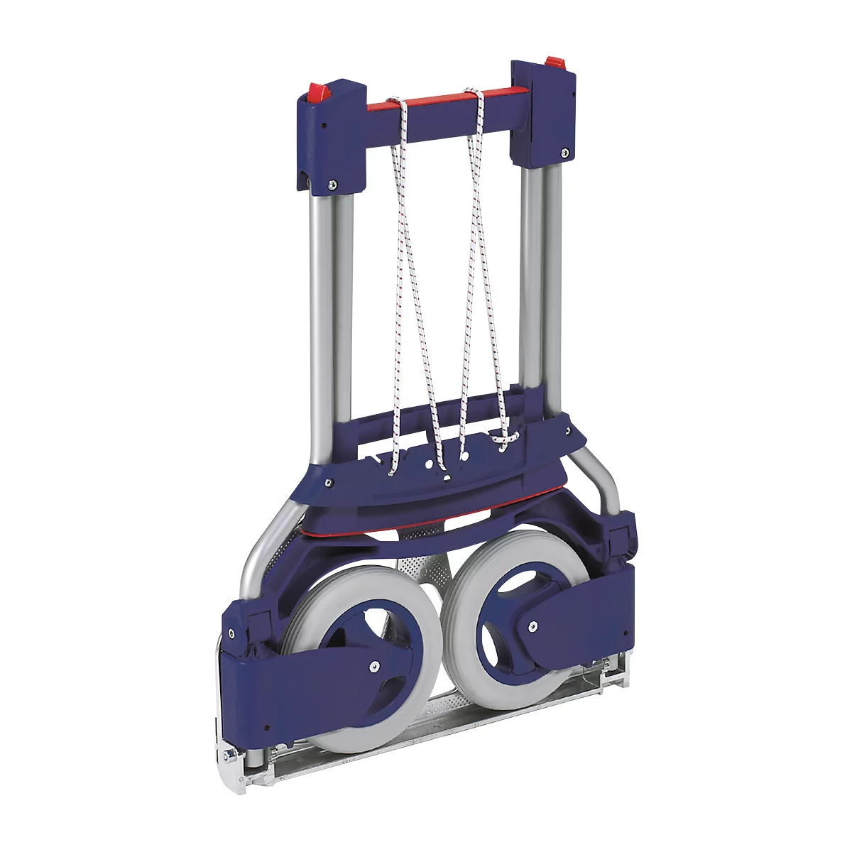 Folded blue and silver shopping trolley with white wheels.