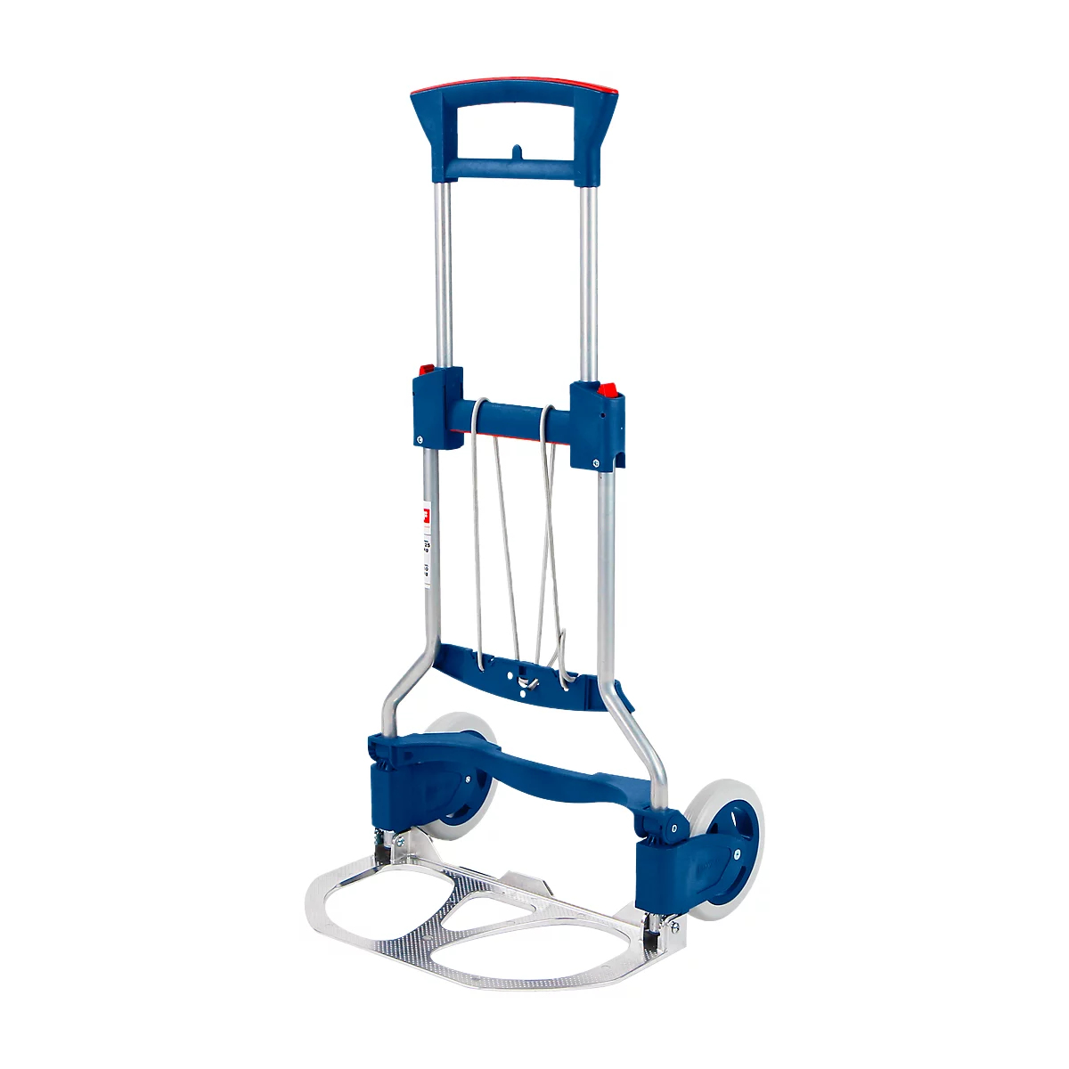 Blue and silver folding hand truck. It has white wheels and a red handle. The product is shown against a white background.