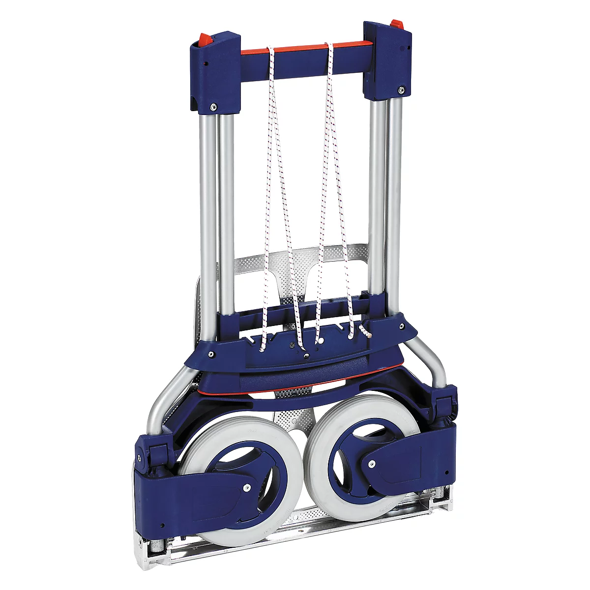 Blue, foldable shopping trolley with white wheels and cord. The handle is red.