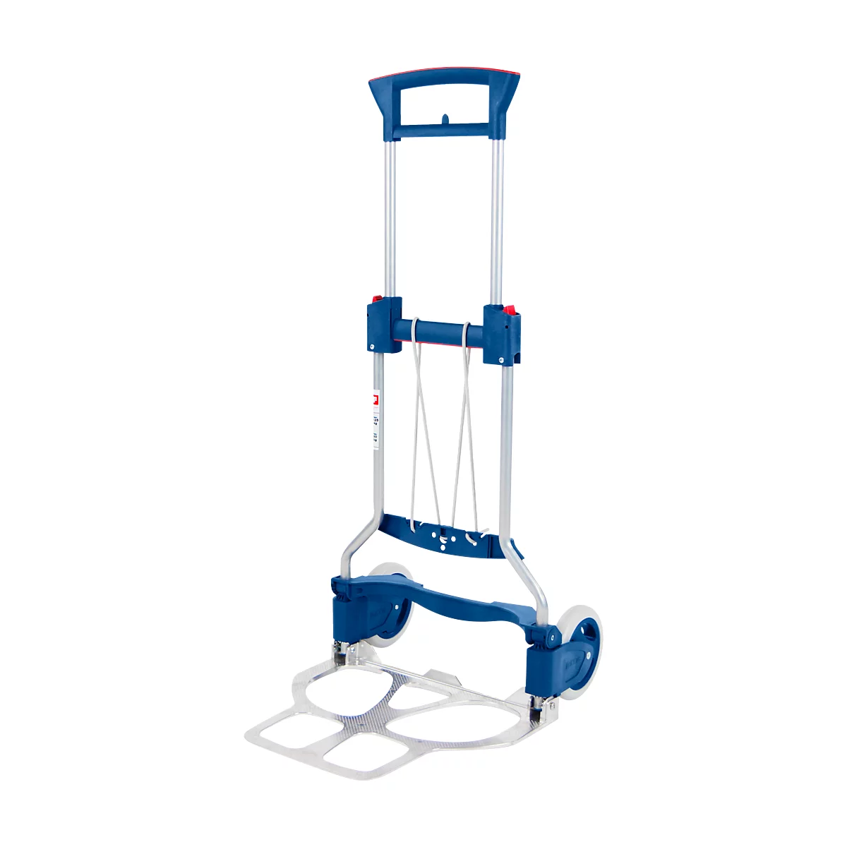 Blue transport cart, metal frame, carrying handle. White ropes, two wheels.