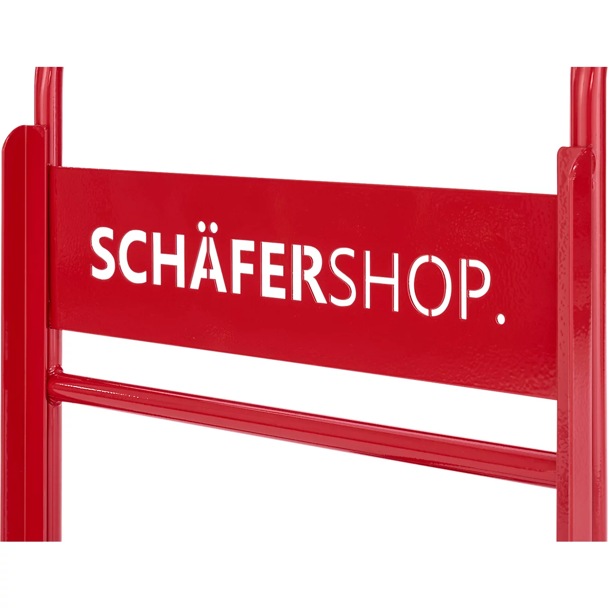 Roter Metallrahmen mit dem Schriftzug SCHÄFERSHOP in weißer Schrift.