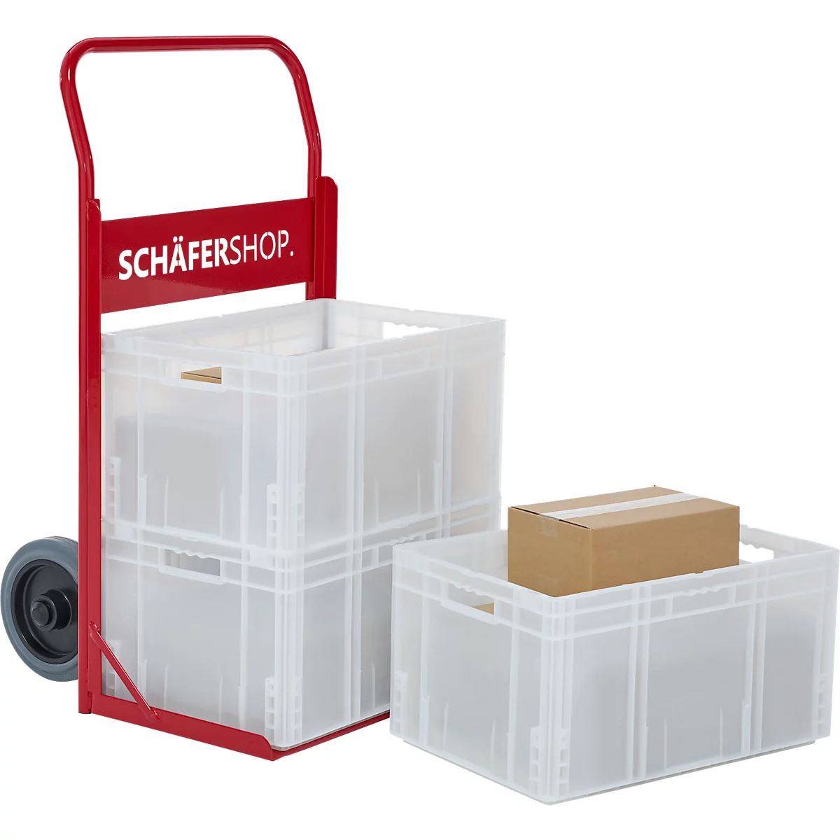 Roter Handwagen mit transparenten Kunststoffboxen, eine Box enthält einen Karton. Aufschrift: SCHÄFERSHOP.