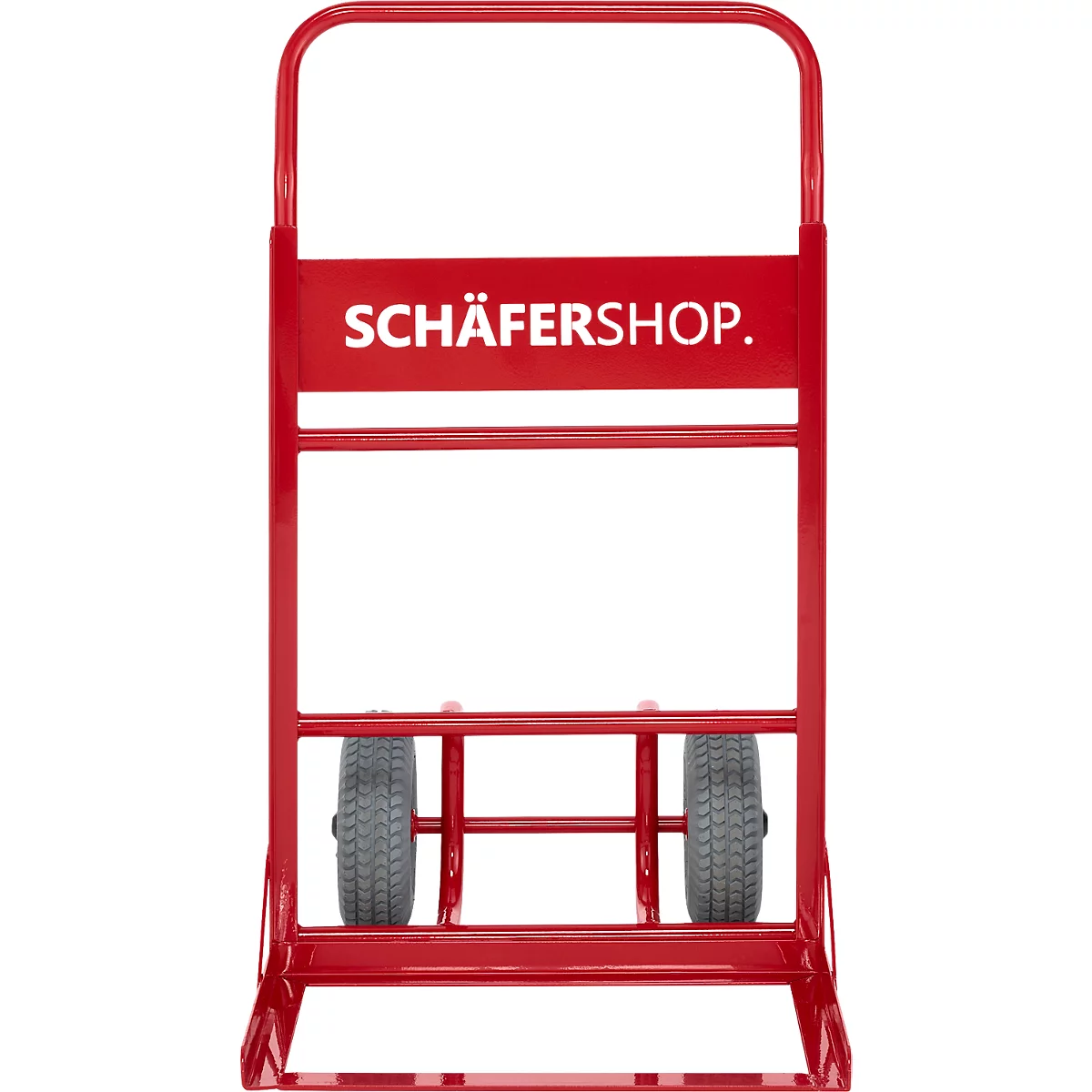 Roter Transportwagen mit zwei Rädern, "SCHÄFERSHOP" Schriftzug.