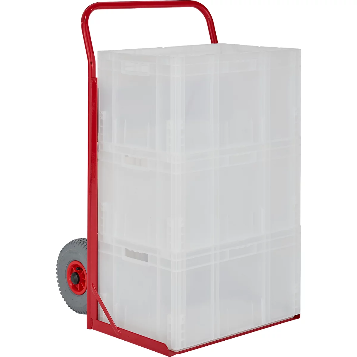 Roter Handwagen mit Kunststoffboxen, voll beladen.