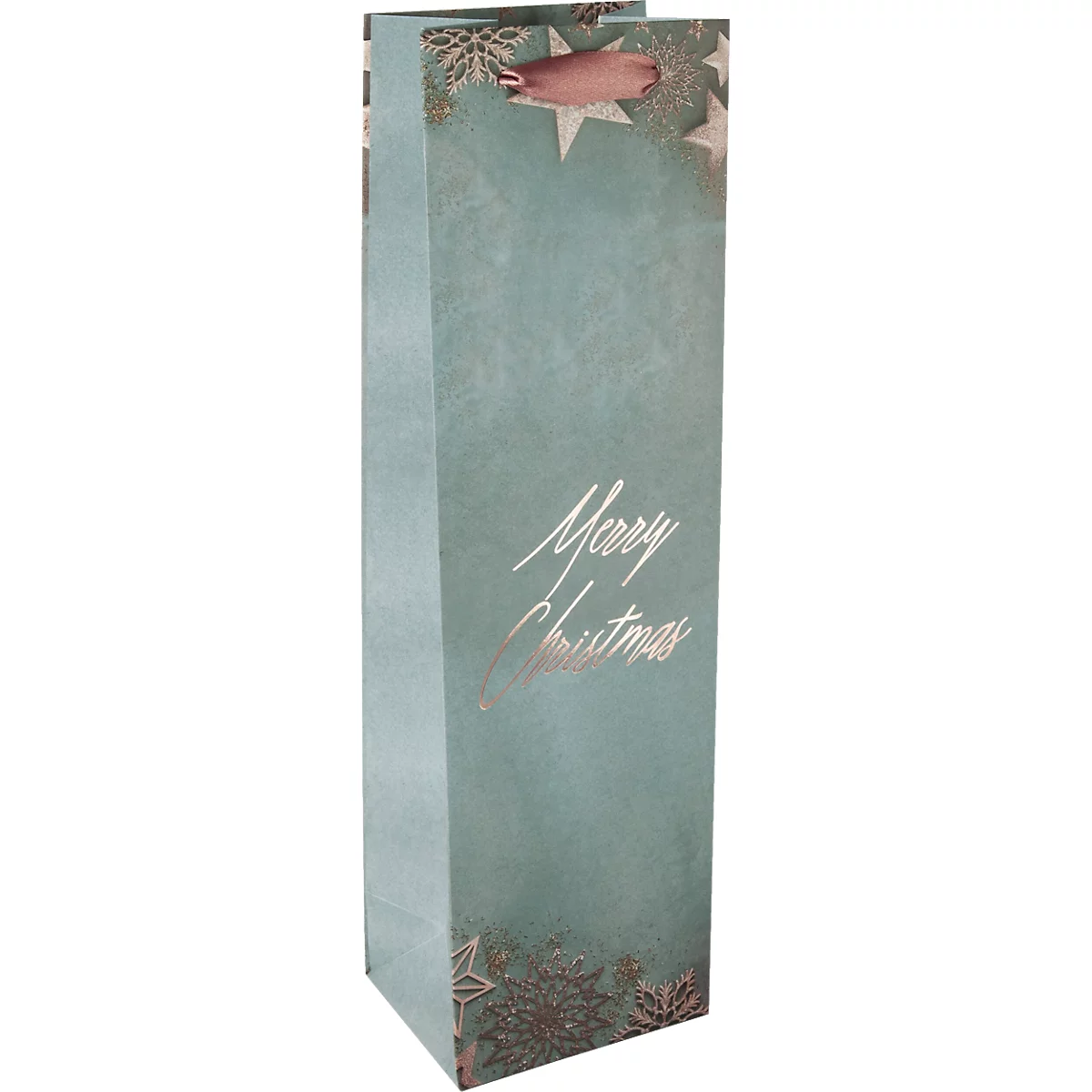 Une boîte cadeau à vin bleu-vert avec l'inscription argentée "Merry Christmas". Des étoiles et des ornements décorent la boîte.