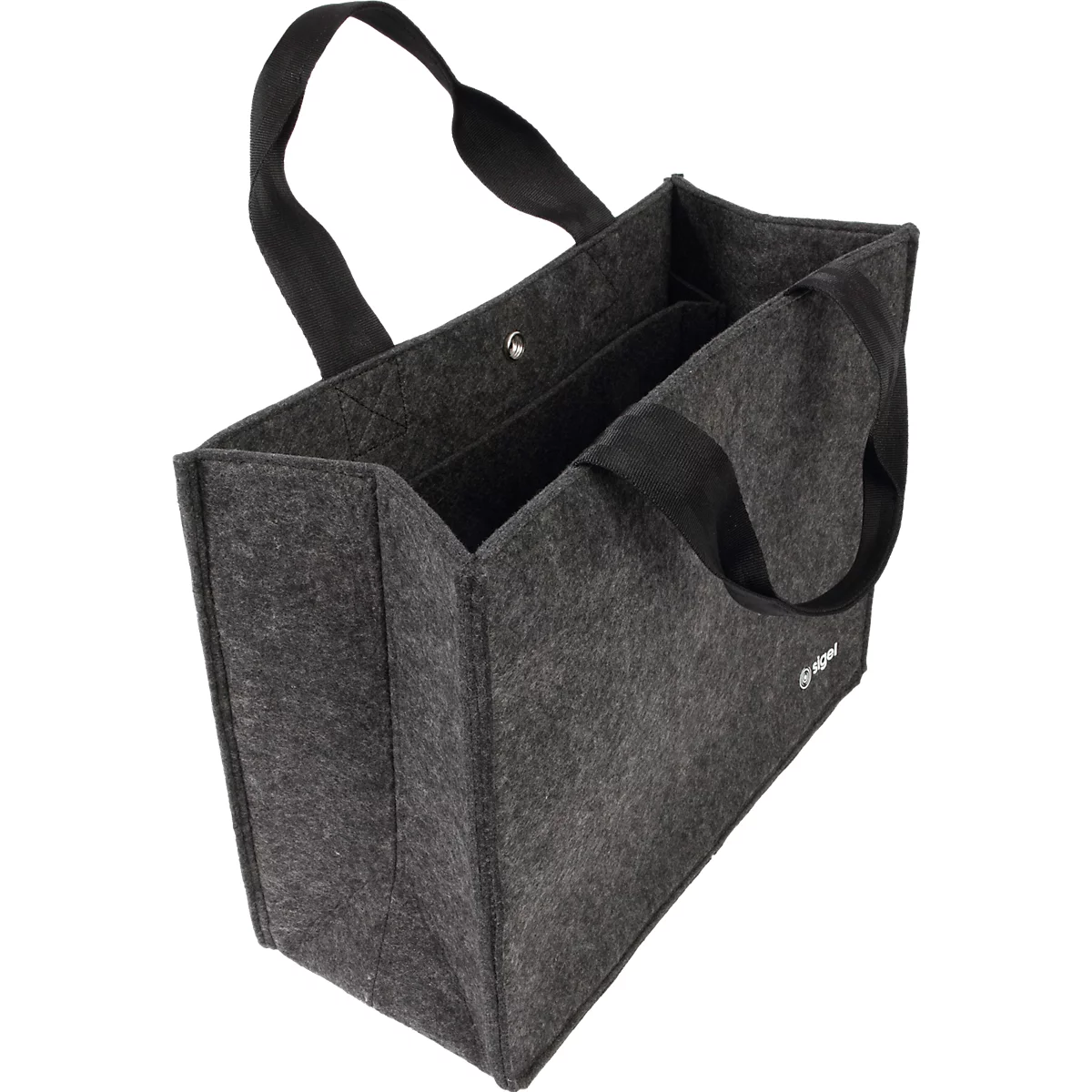 Sac en feutre gris foncé avec poignées noires. Compartiments intérieurs et une fermeture à bouton. Il y a un logo sur le côté.