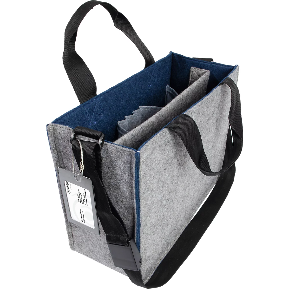 Sac fourre-tout en feutre gris avec sangles noires, doublure bleue, étiquette.