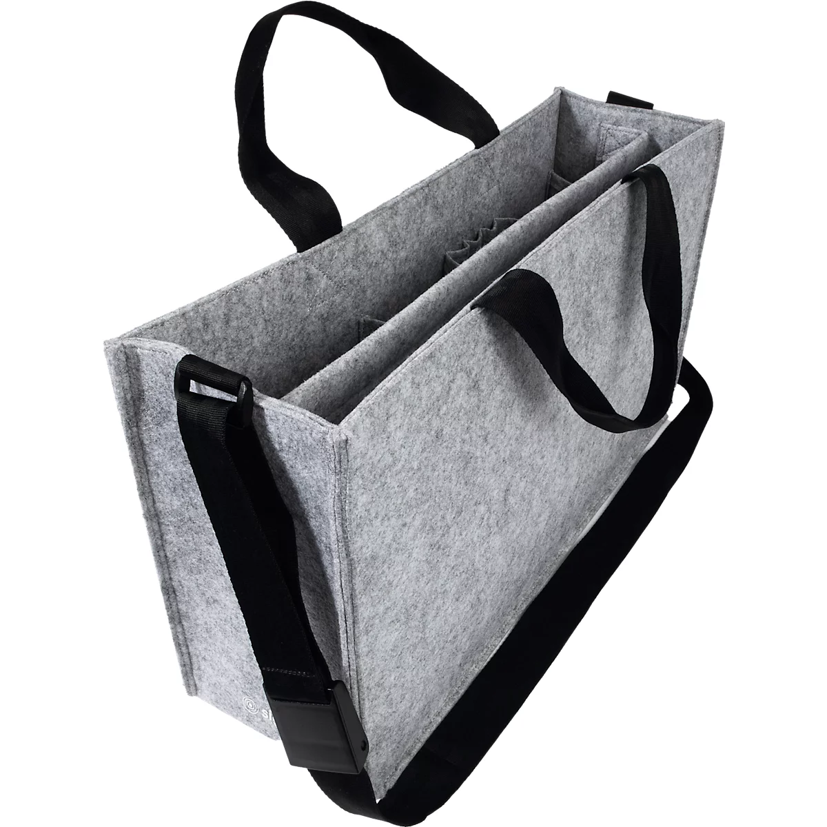 Sac en feutre gris avec poignées noires et bandoulière. Il a deux compartiments.