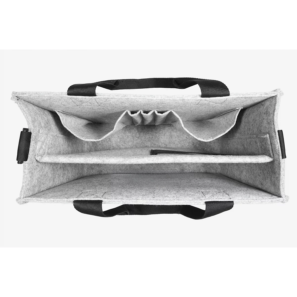 Sac en feutre gris clair, ouvert en haut. Poignées noires, nombreux compartiments. À l'intérieur, une cloison.